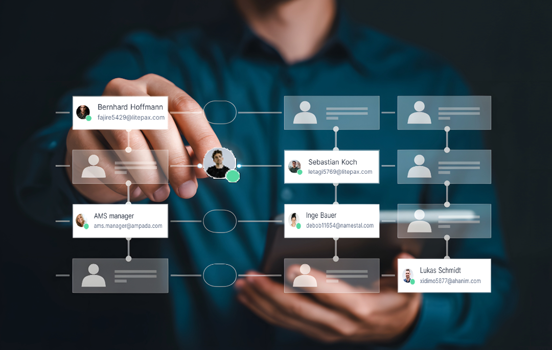 Mann steuert eine digitale, hierarchische Struktur aus verbundenen Benutzer-Icons, symbolisierend das Aufgaben- und Projektmanagement.