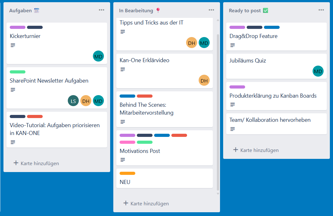 Kanban-Board mit Aufgabenkarten in Spalten, zur Visualisierung der flexiblen Teamverwaltung.
