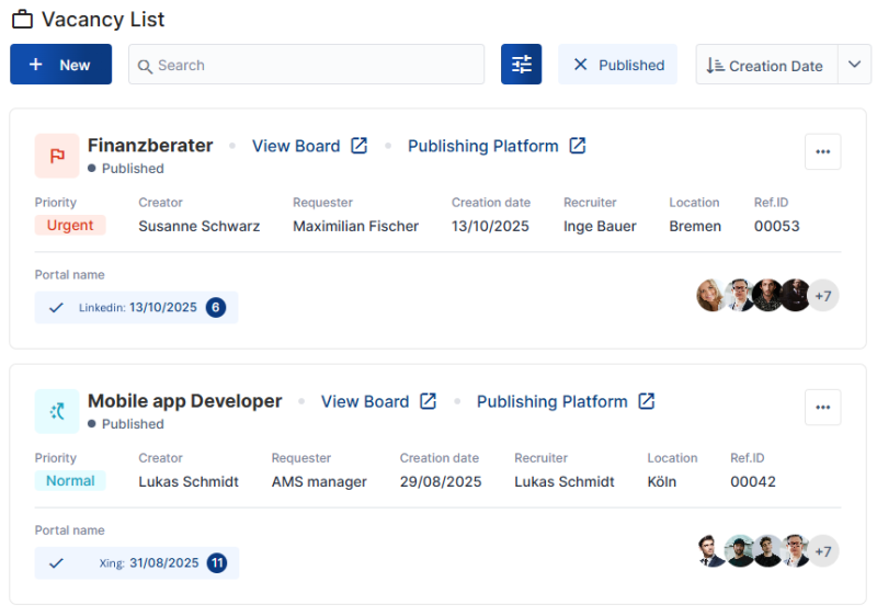 Listenansicht 'Vacancy List' mit zwei offenen Stellen: 'Finanzberater' (Dringend, auf LinkedIn veröffentlicht) und 'Mobile app Developer' (Normal, auf Xing veröffentlicht).