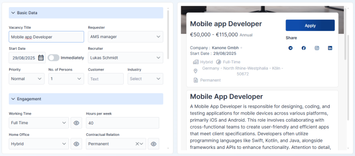 Screenshot einer Echtzeit-Erstellung von Stellenanzeigen: Eingabemasken (links) für die Position 'Mobile App Developer' werden parallel als Live-Vorschau (Mitte) dargestellt. Die rechte Seite listet Funktionen wie Live-Vorschau und KI-Vorschläge auf.