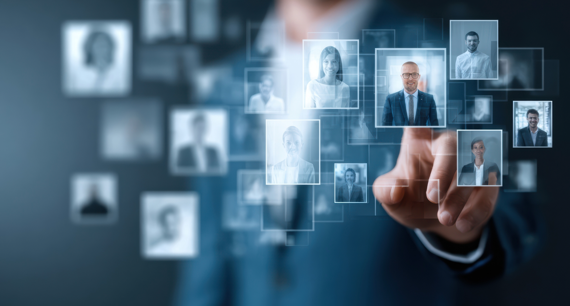 Person in Businesskleidung tippt auf ein schwebendes digitales Interface mit mehreren Porträtbildern, die in transparenten Rahmen angeordnet sind. Die Szene vermittelt den Eindruck von moderner Technologie, Vernetzung und Auswahlprozessen.